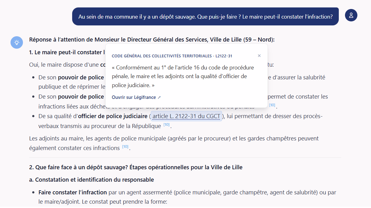 Interface Communia - Réponse juridique avec aperçu de la source au survol d'un article de loi