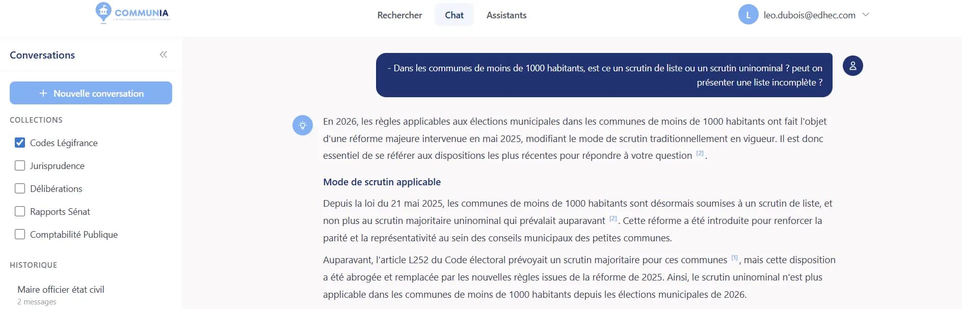 Interface CommunIA - Réponse juridique sourcée en quelques secondes