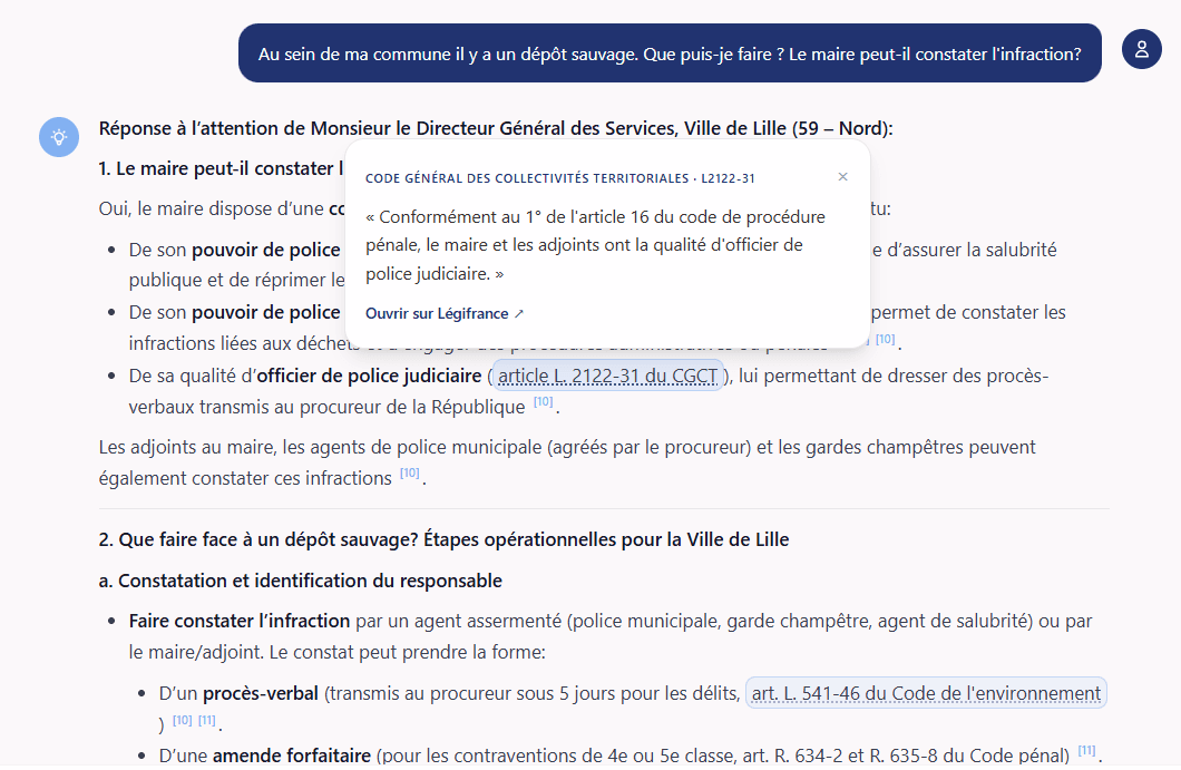 Exemple de réponse Communia dans l'interface de chat